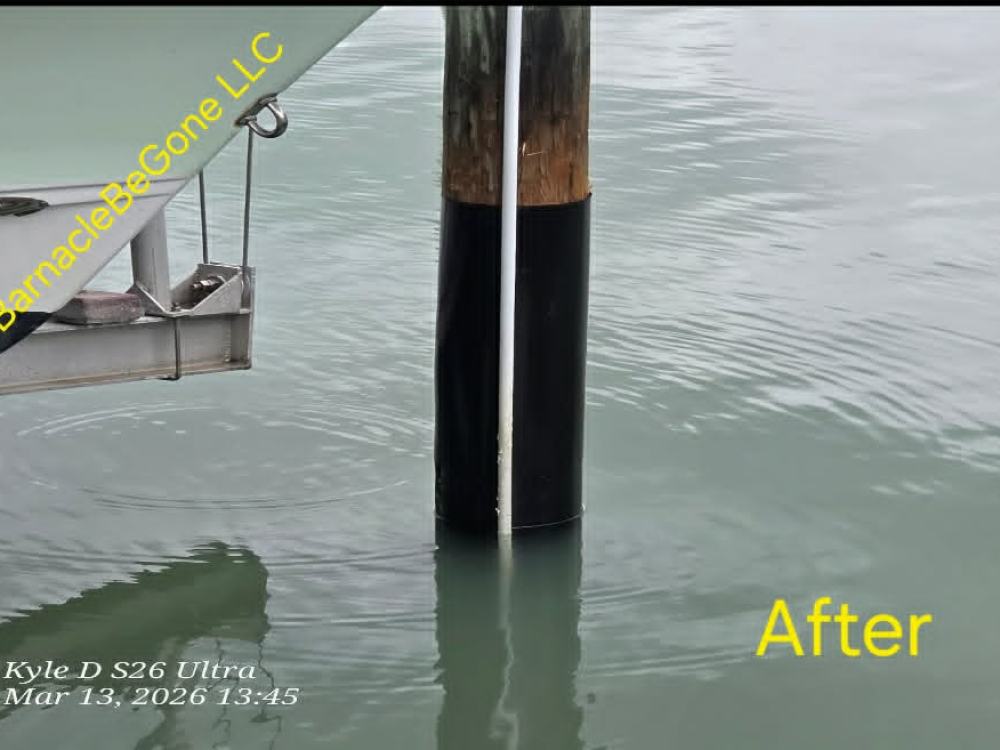 New piling wrap after cleaning by BarnacleBeGone LLC